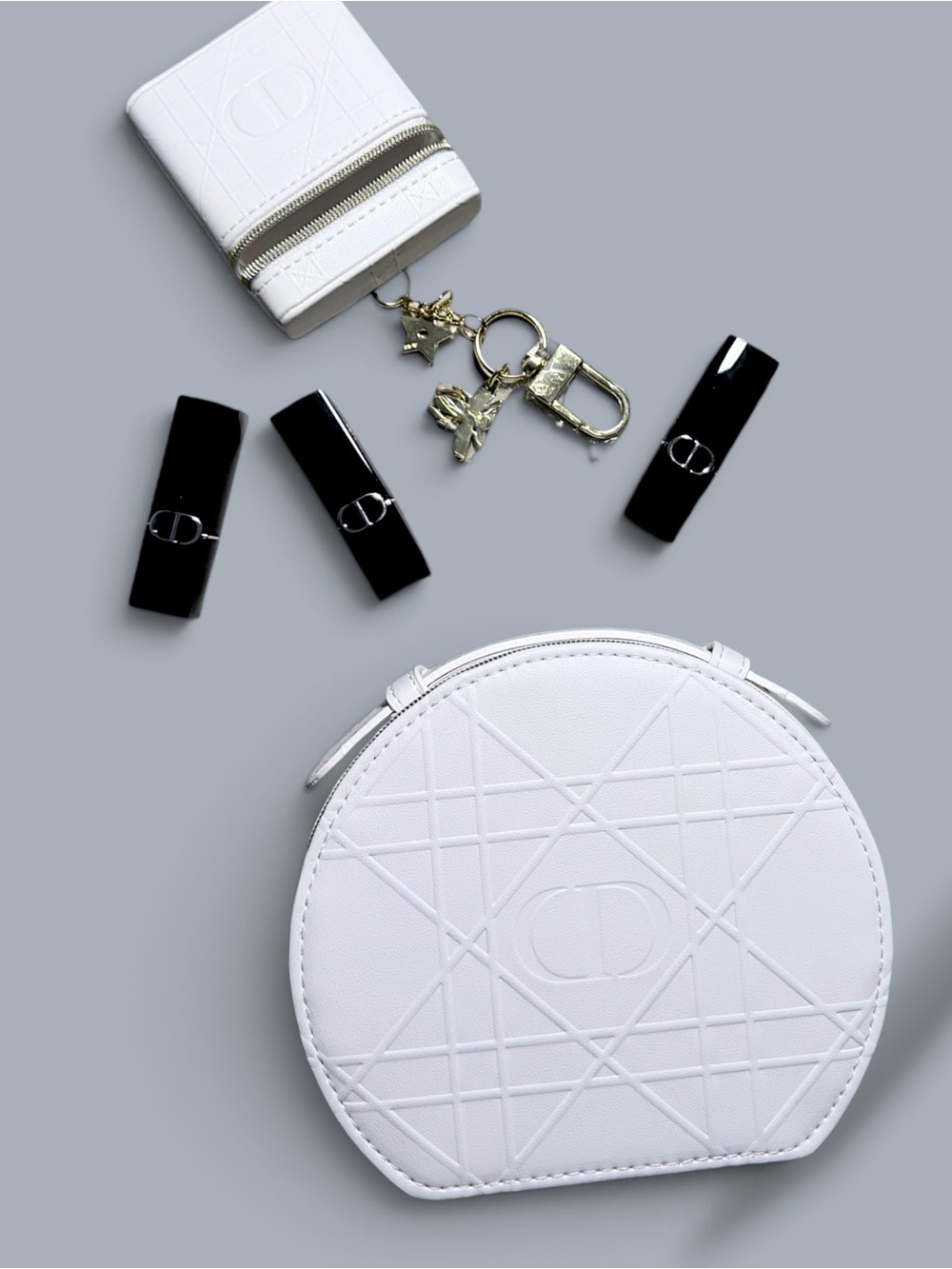 Dior Cannage Top Handle Pouch & Lipstick Case w/ 3 Mini Lipsticks
